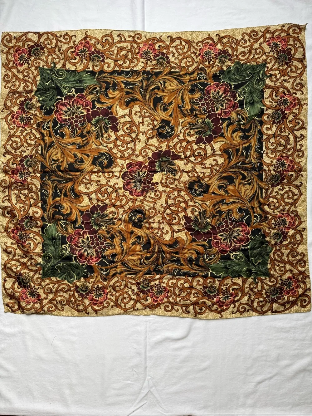 100% Silk Vintage Floral Patterned Headscarf in Gold and Brown
